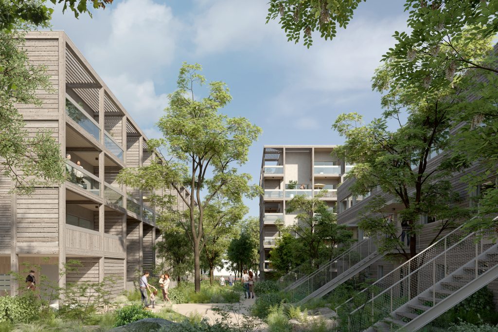 Construction de 52 logements, répartis en trois bâtiments de bois et béton bas carbone. Modularité des plans, des façades à composer, Illkirch-Graffenstaden (67)