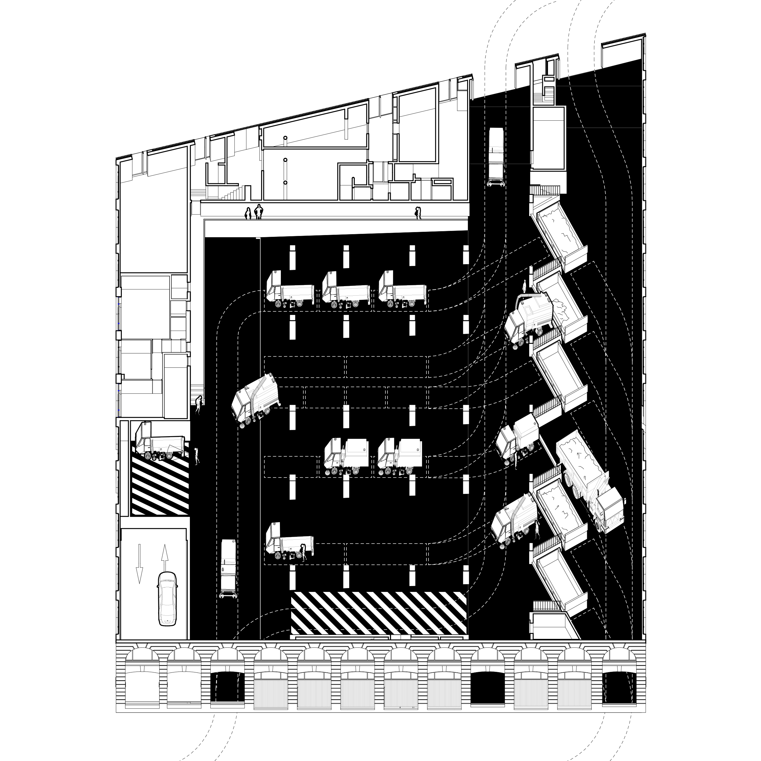 Bâtiment mixte où sont superposés un centre de propreté, un parking aérien de 420 places et 56 logements ; immeuble tertiaire ; aménagement d’une faille paysagée - Quartier Paludate, Bordeaux (33)